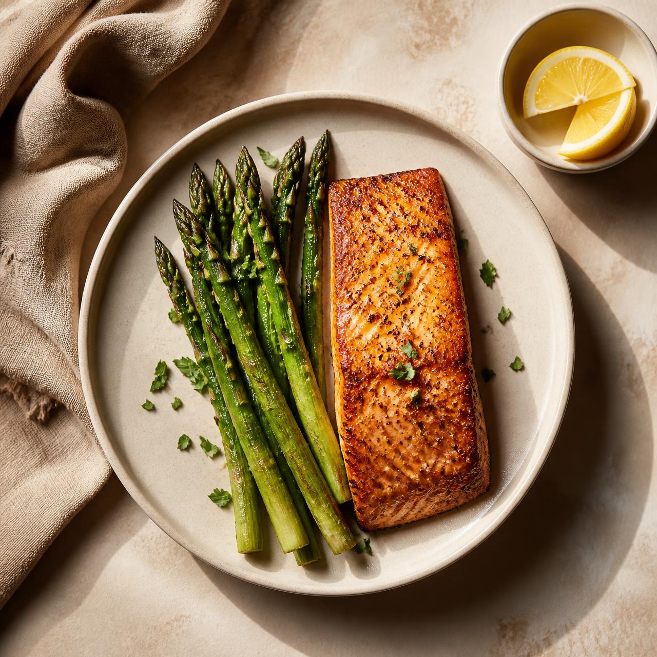 Air-fried salmon with asparagus on a ceramic plate